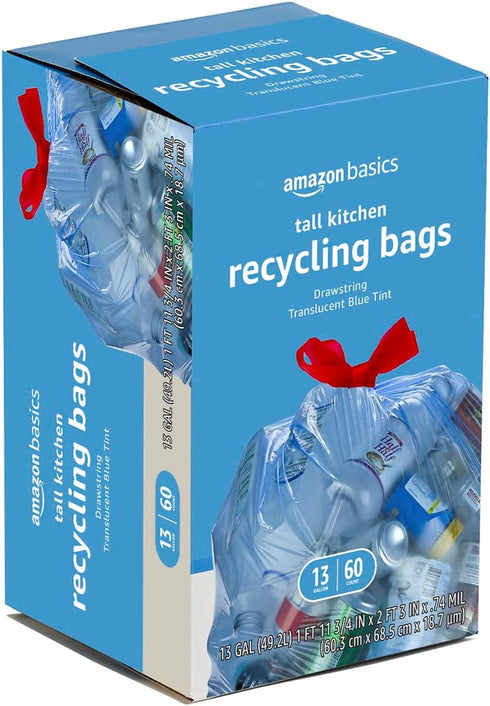 Amazon Basics Blue Unscented Recycling Trash Bags, 13 Gallon, 60 Count, Pack of 1