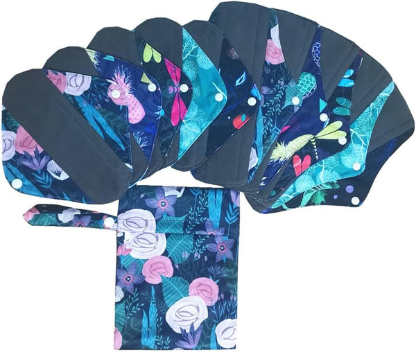 JOBEBE 5PCS 8 Inch and 5PCS 10Inch Reusable Washable Charcoal Bamboo Menstrual Pads