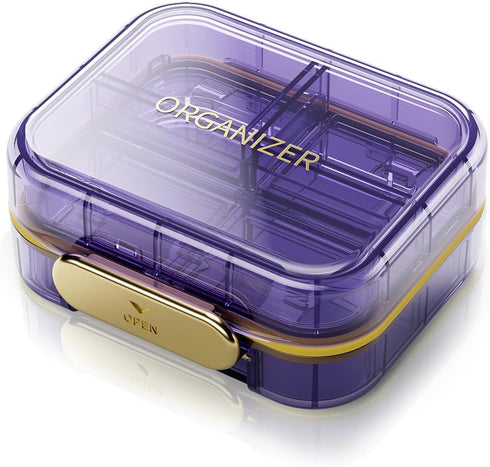 Portable Travel Pill Organizer with 7 Compartments, Waterproof Weekly Pill Case for Vitamins and Medicine, Small Purple