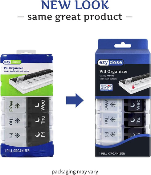 EZY DOSE Push Button (7-Day) Pill Case, Medicine Planner, Vitamin Organizer, 2 Times a Day AM/PM, Large Compartments