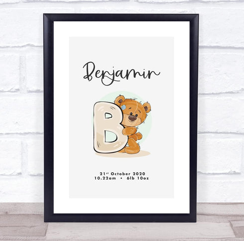 The Card Zoo New Baby Birth Details Christening Nursery Bear Initial B Keepsake Gift Print