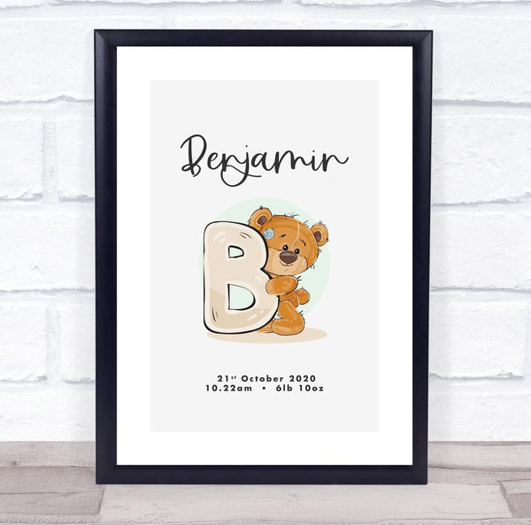 The Card Zoo New Baby Birth Details Christening Nursery Bear Initial B Keepsake Gift Print