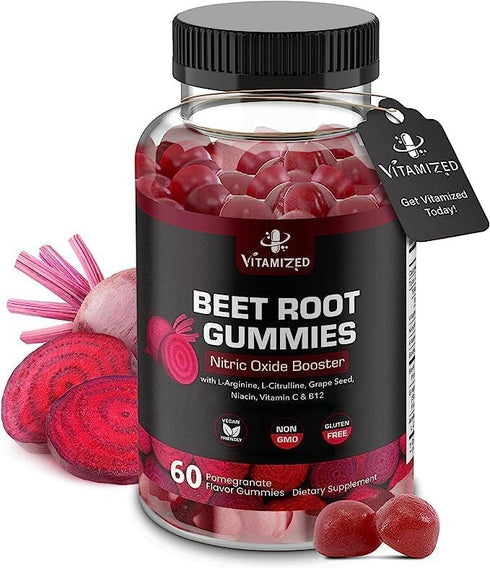 Beet Root Gummies - Super Nitric Oxide Beets Supplement - Red Beetroot Heart Chews, 60 Chewables
