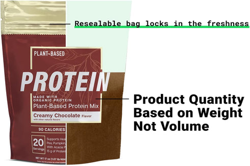 Essential Elements Organic Pea Protein Powder, Creamy Chocolate, Low-Carb Vegan Blend, 20 Servings