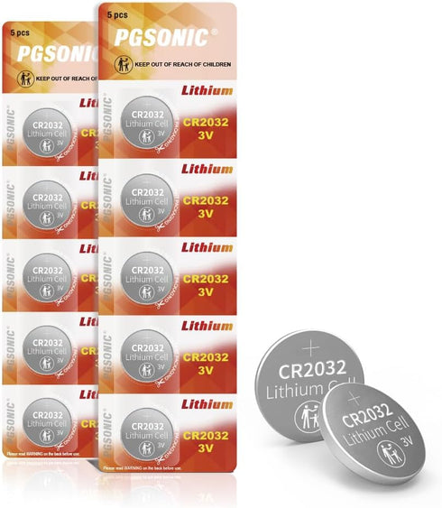 PGSONIC CR2032 3V Lithium Battery (10pcs), Compatible with AirTag, Key Fobs, Smart Sensors,
