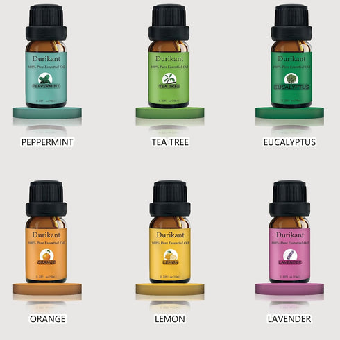Set 100% 6-Pack 0.33 Oz Essential Oil - Pure Natural, (Tea Tree, Eucalyptus, Lavender, Orange, Peppermint, Lemon Oils)