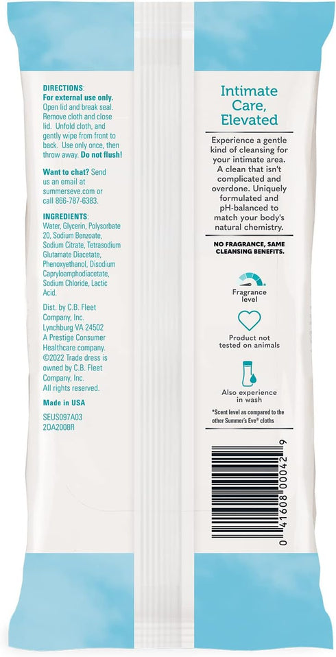 Summer's Eve Fragrance Free Gentle Daily Feminine Wipes, 32 Count, 4 Pack, pH Balanced