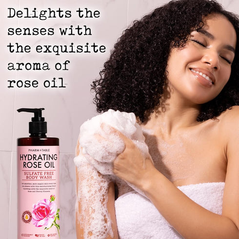 PHARM TO TABLE Hydrating Rose Oil Body Wash for Women and Men - Hydrates and Brightens Skin, Sulfate Free, 480ml