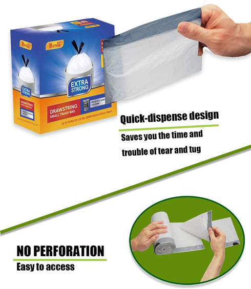 Besli 2.6 Gallon Drawstring Trash Bags, 100 Counts Small Garbage Bags (White)