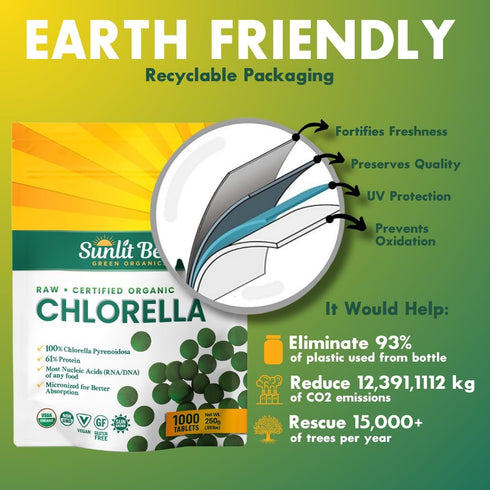 Sunlit Best USDA Organic Premium Chlorella Tablets 1000 Count | 100% Pure Superfood Supplement for Health