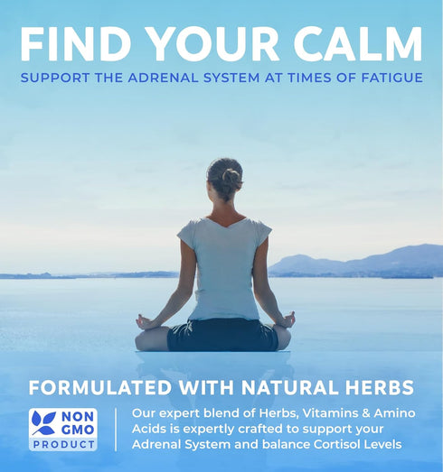 Adrenal Support & Cortisol Manager (Non-GMO) Powerful Adrenal Health with L-Tyrosine & Ashwagandha - Maintain Balanced Cortisol Levels & Stress Relief - Fatigue Supplement - 120 Capsules