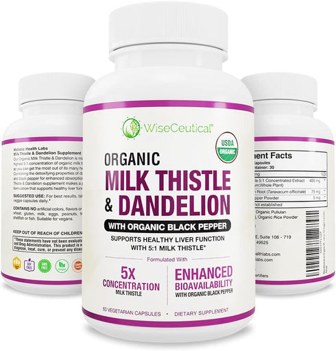 Max Absorption USDA Organic Milk Thistle 5:1 Concentrated Extract 2000mg & Organic Dandelion Root, 60 Count