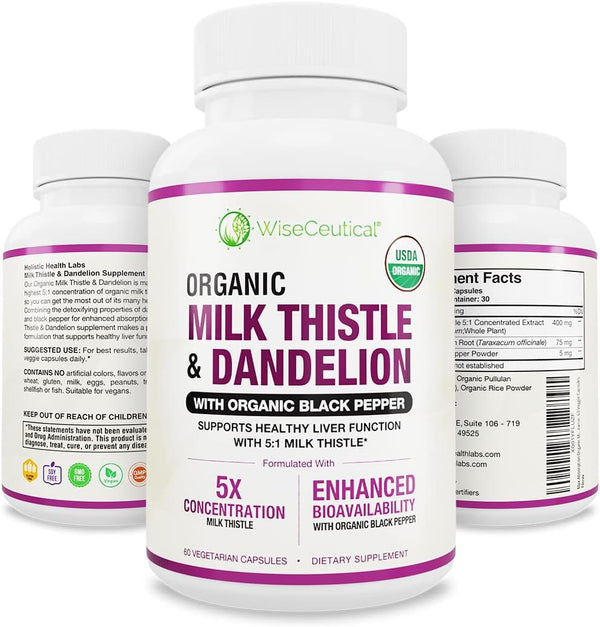 Max Absorption USDA Organic Milk Thistle 5:1 Concentrated Extract 2000mg & Organic Dandelion Root, 60 Count