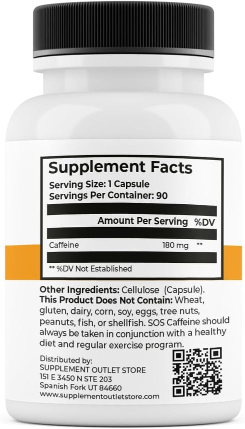 SOS Caffeine Pills | 180 mg x 90 Capsules | Enhanced Energy and Focus, All Natural