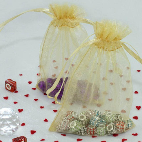 50 Pcs Gift Bags Organza 5x7 Inch, Gold Drawstrings Sheer Fabric Pouch for Jewelry, Baby Shower, Christmas Party Favors