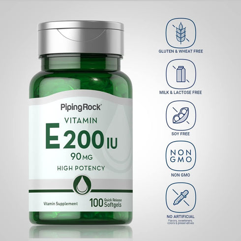 Piping Rock Vitamin E 200 IU | 90 mg | 100 Softgel Capsules, High Potency, Non-GMO, Gluten Free