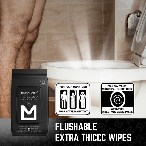 MANATOMY Pack, 3 48ct 144 RefreshMen Hygiene Man Wipes, with Aloe Vera & Chamomile, Extra-Thick & Extra-Large