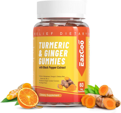 Turmeric Curcumin Gummies 500mg for Adults, 60 Orange Flavor Gummies with Black Pepper, Ginger Root, Vitamin C, Low