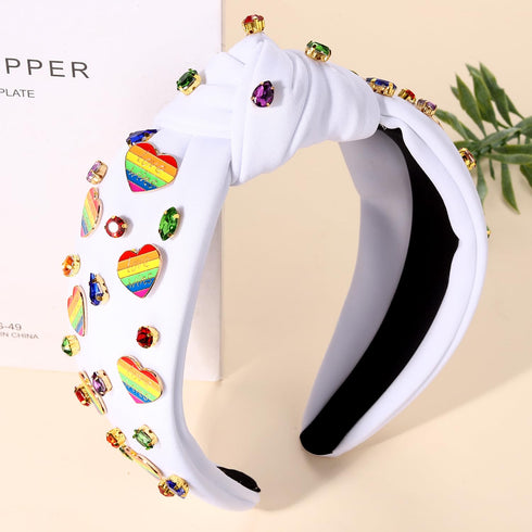 Pride Headbands for Women, Rainbow Heart Knotted Headband, Embellished Crystal Wide Top Knot Hair Accessories