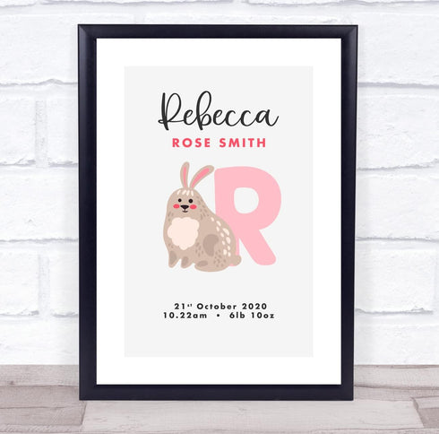 The Card Zoo New Baby Birth Details Christening Nursery Initial R Rabbit Keepsake Gift Print