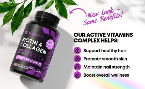 Biotin Vitamins 5000mcg for Hair, Skin & Nails with Marine Collagen Peptides & B Complex, 60 Caps