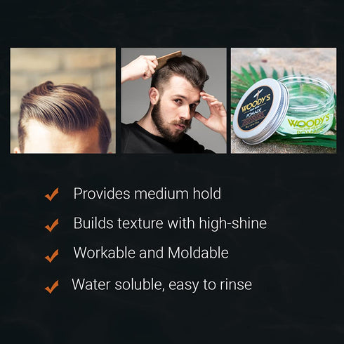 Woody's Hair Clay Pomade for Men - Strong Hold, Matte Finish, Medium Hold, Water-Soluble Styling Gel, 3.4 oz