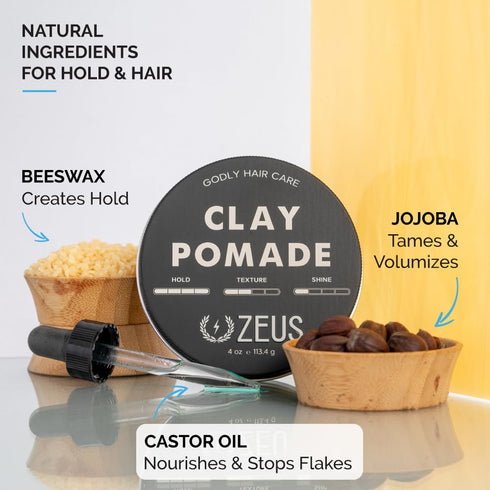 ZEUS Clay Pomade for Men - Matte Finish, Water Soluble & Extra Firm Hold Hair Styling Clay Pomade (4 oz.)