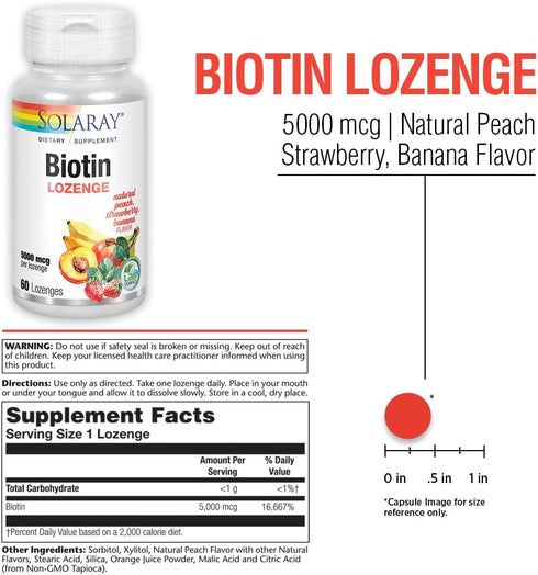 SOLARAY Biotin 5000 mcg, Natural Peach, Strawberry, Banana Flavor, 60 Lozenges, Healthy Hair, Skin & Nails
