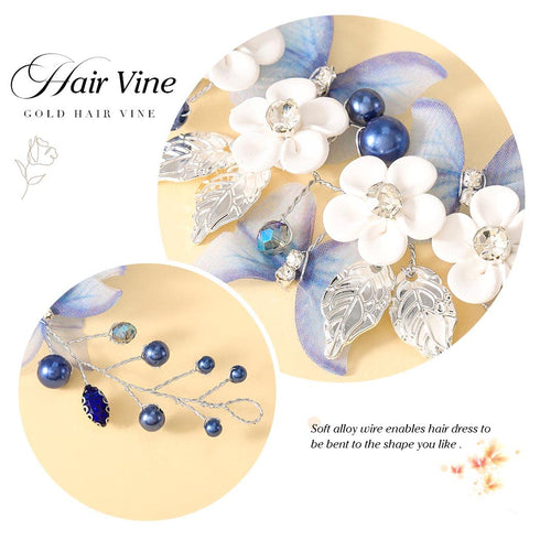 Unicra Butterfly Bride Wedding Hair Vine, Blue Pearl Bridal Hair Piece, Rhinestone Headband for Women