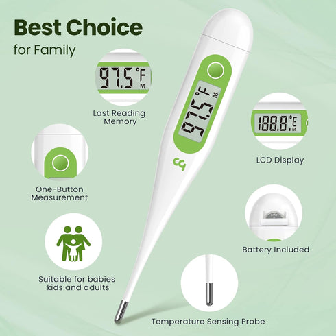 Femometer Digital Thermometer for Adults and Kids, Fever Alert, Memory Recall, C/F Switchable for Oral, Rectal or Under