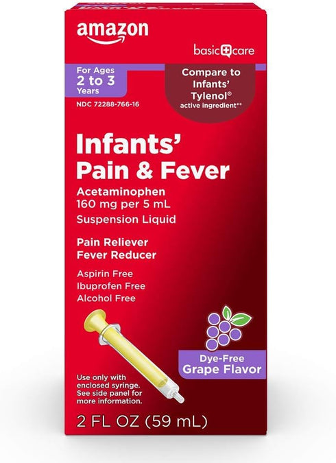 Amazon Basic Care Infants' Pain & Fever, Acetaminophen 160 mg per 5 mL, Dye-Free Grape Flavor, 2 fl oz (Pack of 1)