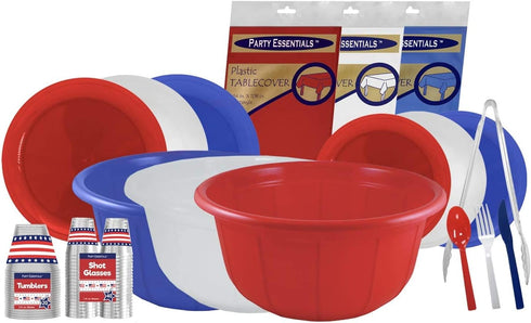 Party Essentials Patriotic Hard Plastic Combo Pack, Disposable Cutlery, Red/White/Blue, 204 Pieces/68 Place Settings.