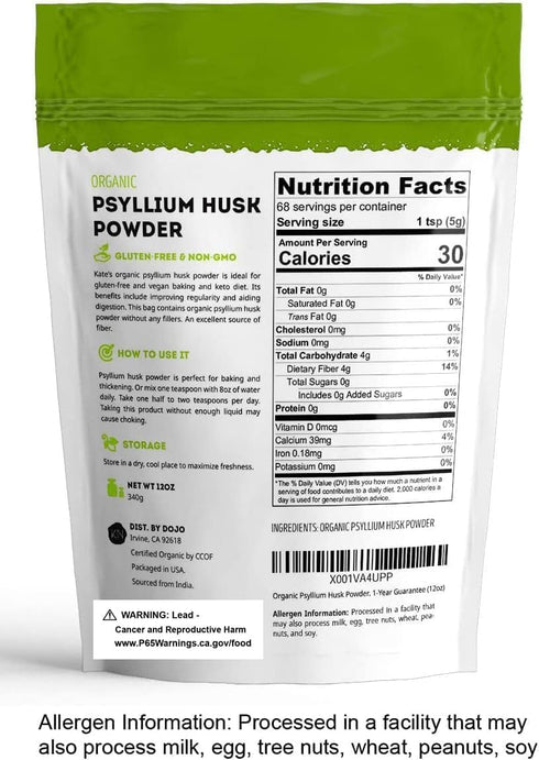 Kate Naturals Psyllium Husk Powder for Baking, Fiber & Digestion, 12oz, Organic, Gluten Free, Pet Safe