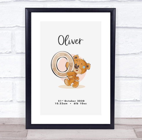 The Card Zoo New Baby Birth Details Christening Nursery Bear Initial O Keepsake Gift Print