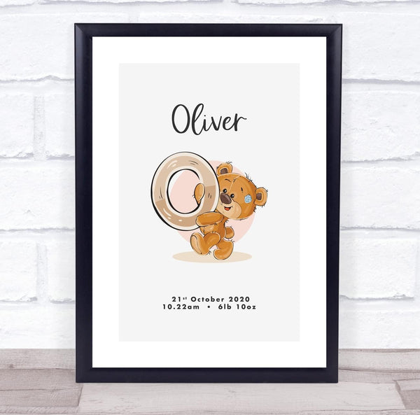 The Card Zoo New Baby Birth Details Christening Nursery Bear Initial O Keepsake Gift Print