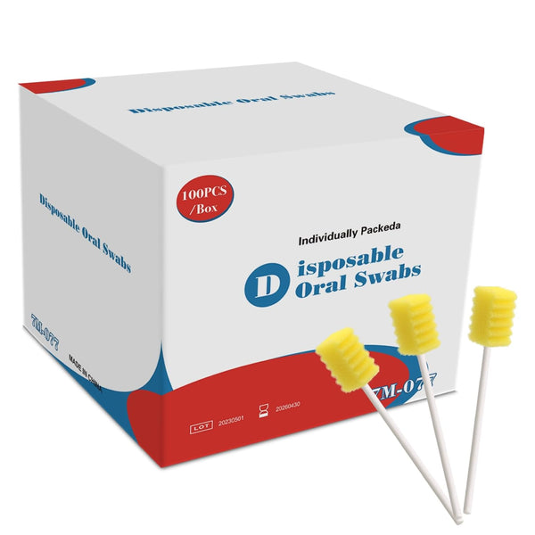 100 Pack Disposable Oral Swabs: Sterile Dental Sponge Swabsticks for Mouth & Gum Cleaning - Unflavored, Yellow