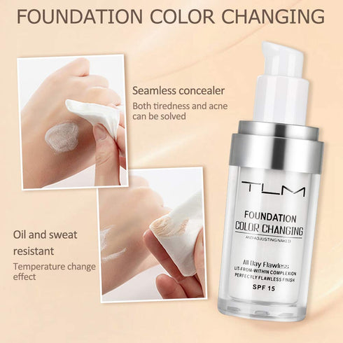2pcs TLM Color Changing Foundation Liquid with 2 Brushes and 2 Sponges, Flawless Full Coverage Makeup 30ml