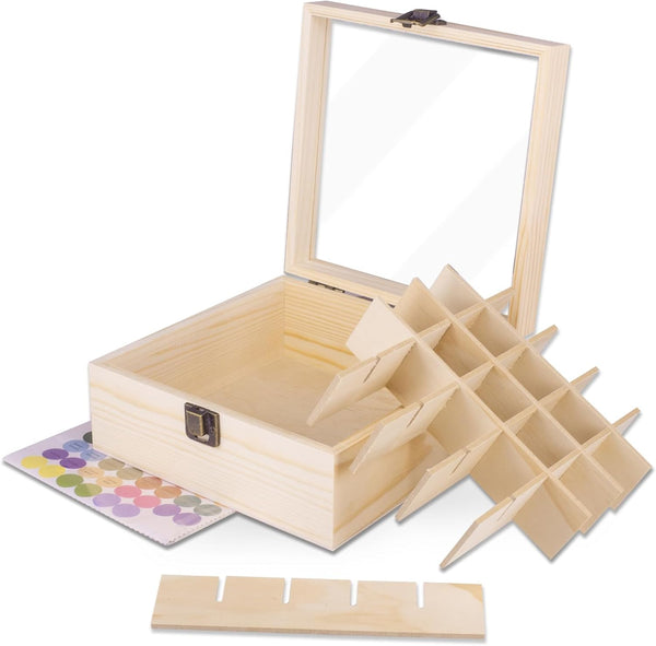 Essential Oil Storage Box, High Capacity Glass Lid Wooden Display Organizer for 15 ml Bottles, Nail Polish Collection
