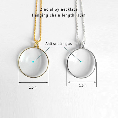 5X Magnifying Glass Pendant, 1.6" Glass Lens Dia. with 35" Alloy Necklace, Silver
