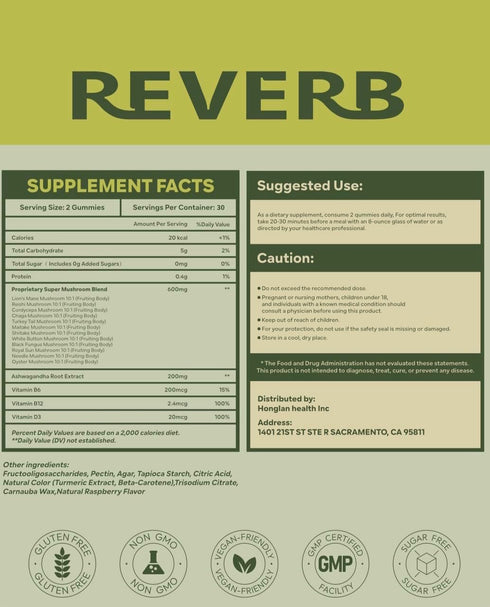 REVERB Gummies 16-In-1 Gummies 0g (60) Mushroom Mushroom Blend With Ashwagandha For Brain Health,Cognitive, Memory
