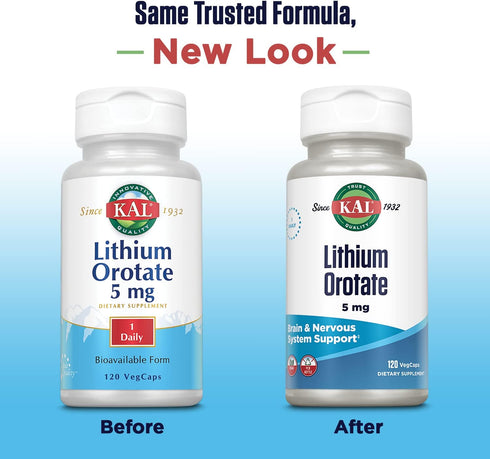 KAL Lithium Orotate 5mg | Chelated Lithium Orotate for Mood Support | 120 VegCaps in Organic Rice Bran Extract
