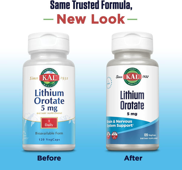 KAL Lithium Orotate 5mg | Chelated Lithium Orotate for Mood Support | 120 VegCaps in Organic Rice Bran Extract