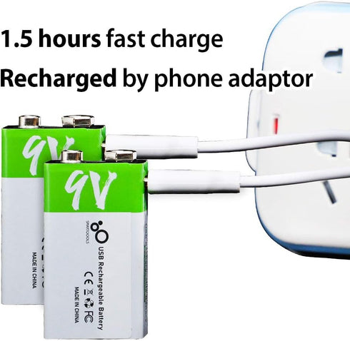 USB 9V Lithium Ion Rechargeable Battery, High Capacity 650mAh, 1.5 H Fast Charge, 1200 Cycle, 2-Pack