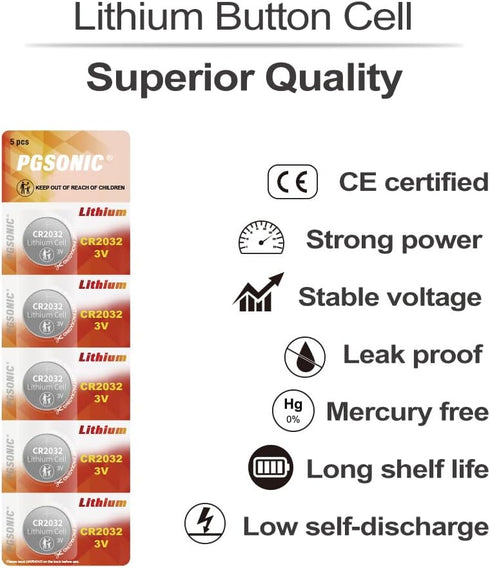 PGSONIC CR2032 3V (10pcs), Lithium Battery Compatible with AirTag, Key Fobs, Smart Sensors, Scales, Candles and More