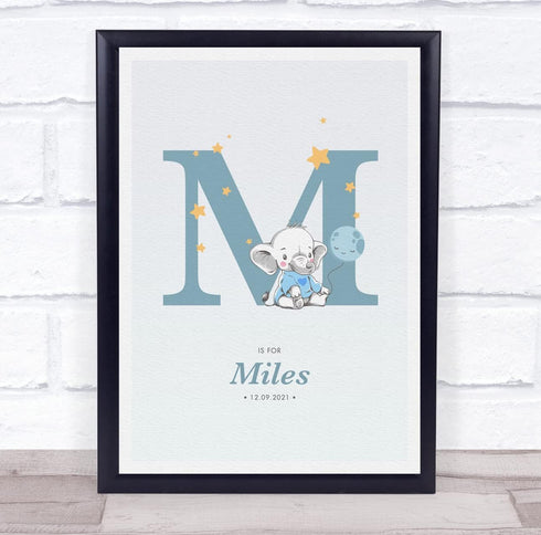 The Card Zoo New Baby Birth Details Christening Nursery Blue Elephant Initial M Gift Print