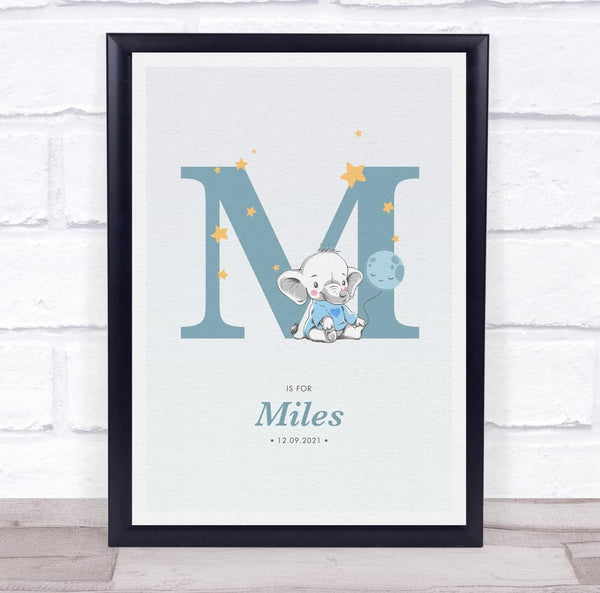 The Card Zoo New Baby Birth Details Christening Nursery Blue Elephant Initial M Gift Print
