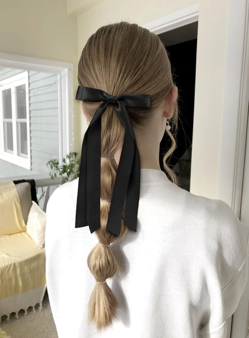 VOBOBE 4PCS Hair Bows for Women Girls, Black White Satin Tassel Bowknot Hair Clips Barrettes with Long Tail