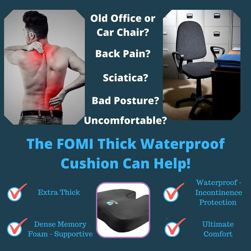 (18" 16" 3.5") FOMI Extra Thick Water Resistant Seat Cushion x x | Orthopedic Memory Foam | Incontinence and Spill