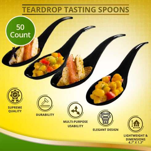Tear Drop Tasting Spoons, 50 count Disposable Black Plastic Appetizer Spoons for Desserts, Dips, Sauces, More