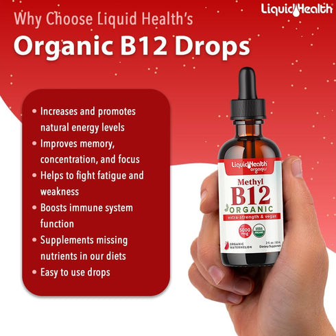 LIQUIDHEALTH Organic Methyl Vitamin B12 Liquid Drops with Tart Cherry Juice, Vegan, Sugar Free, Non-GMO (2 Pack)